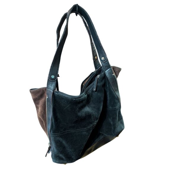 Black Leather Suede Shoulder Bag Large With Zipper & Magnetic Closure Tiangello - Picture 2 of 6